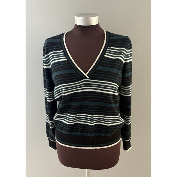 Veronica Beard Sweater Size L Green Striped Rosalin Merino Wool Lightweight - Picture 1 of 16